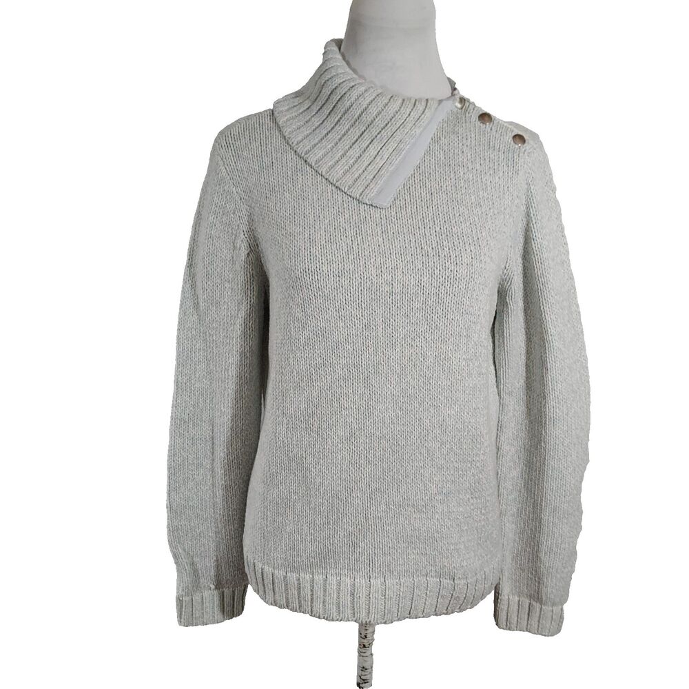 Chaps Sweater Womens Size PL Marled Blue White Split Turtleneck Chunky Knit NWT